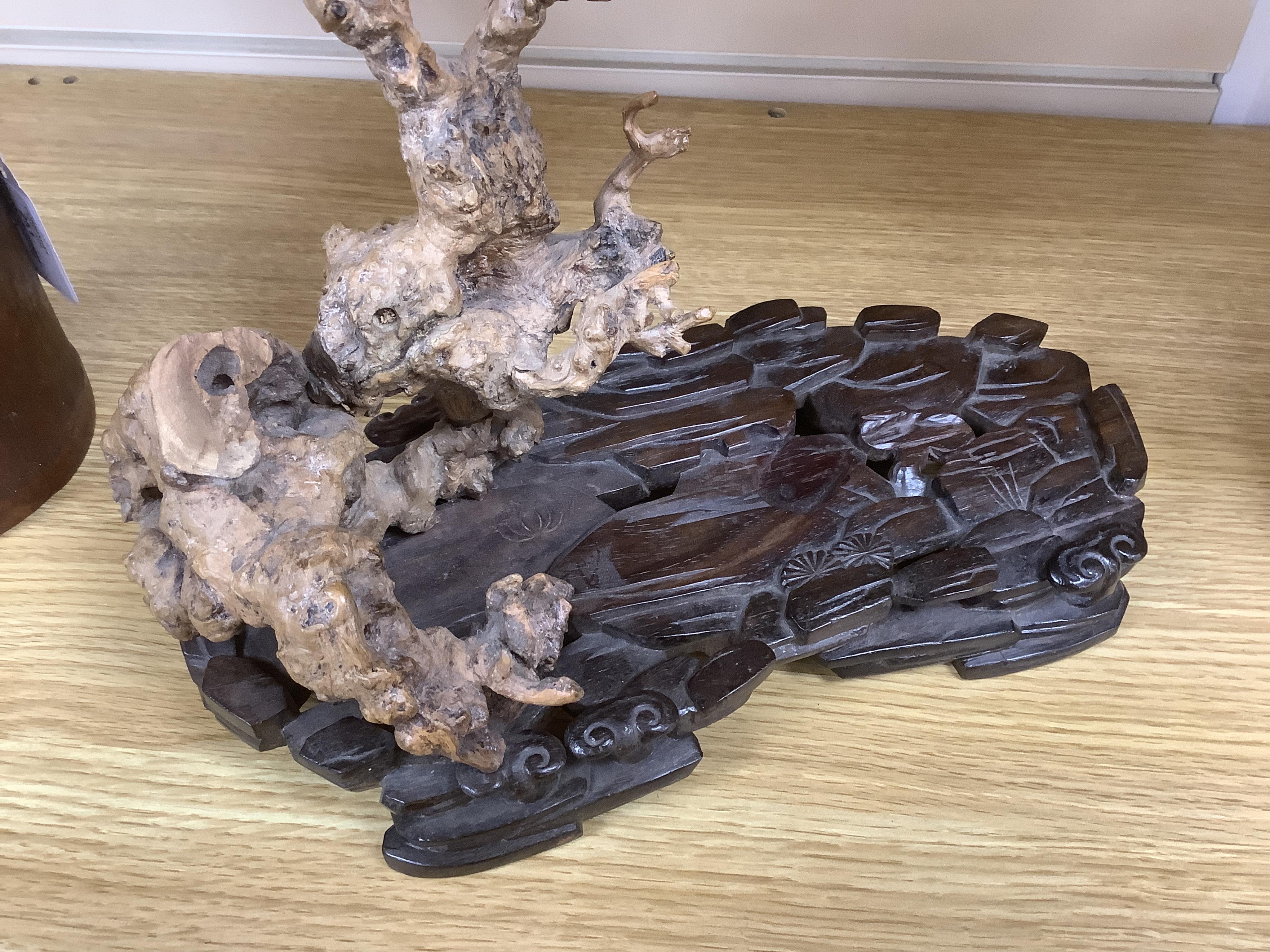 A 19th century Chinese bamboo brushpot and a rootwood and rosewood scholar's stand, root wood stand 30cm wide. Condition - some damage and repairs